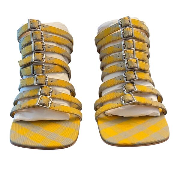 Burberry 76MM Step Check Cotton Heeled Strappy Sandals Buckled Square Toe Sz38.5